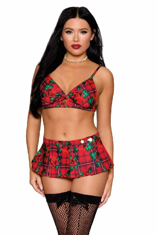 Rose Print Bralette & Plaid Mini Skirt chiffon skirt flowing