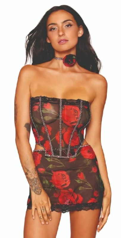 Rose Print Stretch Mesh Bustier and Mini Skirt linen skirt airy