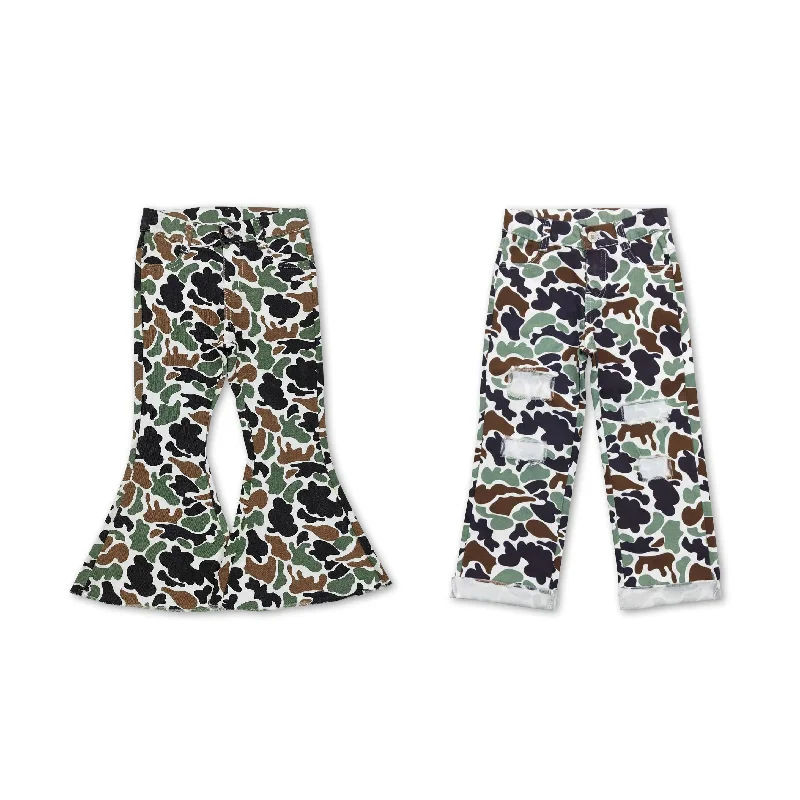 RTS NO MOQ P0582 P0413 Army Green Camouflage Jeans: Flared & Ripped Stylish High-Rise Mom Jeans