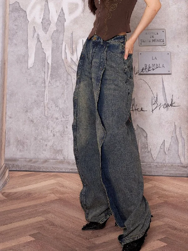 Washed Stacked Wide Leg Jeans【s0000004757】 Trendy Pleated Waist Jeans