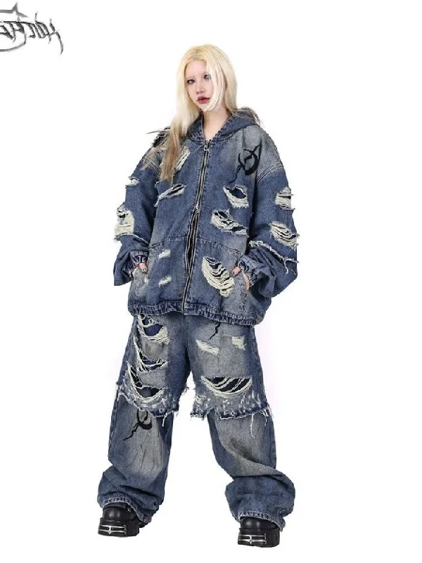 Loose Scrappy Aged Genderless Jeans【s0000004828】 Fashionable Straight Cut Jeans