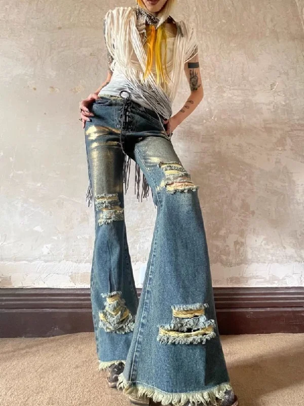 Low Waisted Old Ripped Metal Flare Jeans【s0000004947】 Stylish Bootcut Denim Jeans