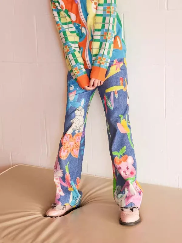 Cute Cotton Animal Print Jeans【s0000006203】 Trendy Wide-Leg High-Waist Denim