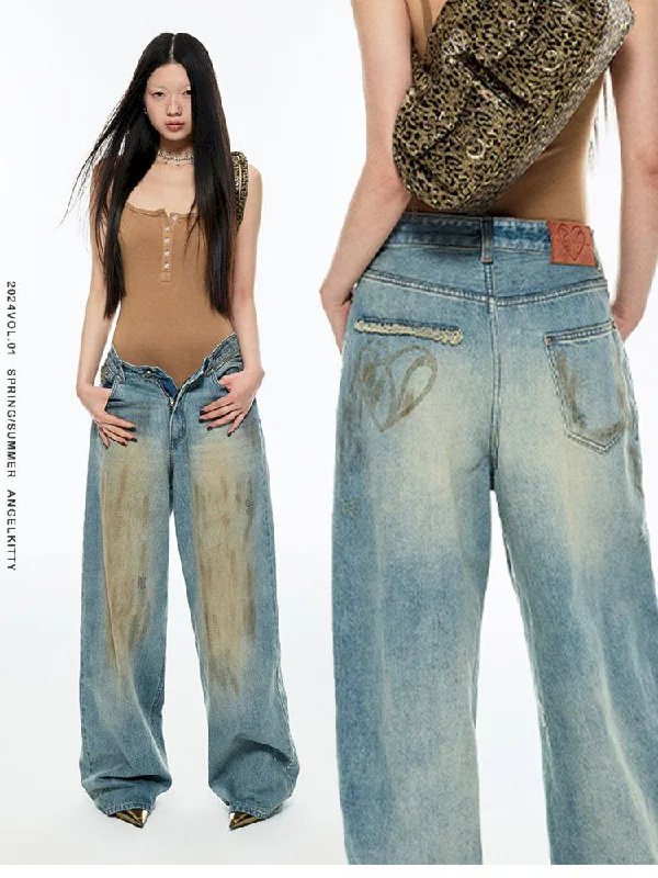 Light blue washed yellow clay-dyed wide-leg jeans【s0000006278】 Casual High-Waisted Bootcut Jeans