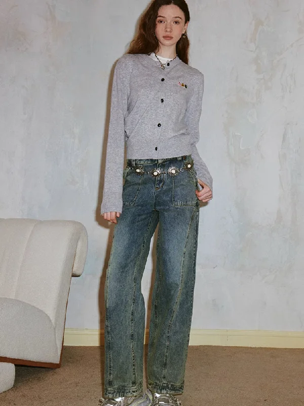 Washed straight jeans【s0000006410】 Stylish Stone-Wash Denim Jeans
