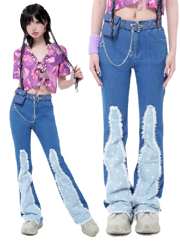 Stretch Flare Star Spliced Raw Edge Jeans【s0000006582】 Stylish Paperbag Waist Denim