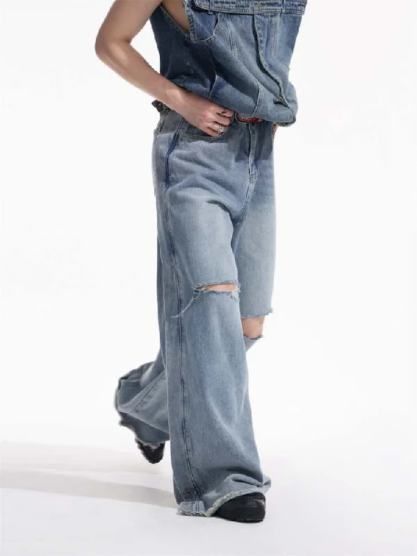 Niche Design Holes Loose Fitting Jeans【s0000006730】 Stylish Acid-Wash Jeans