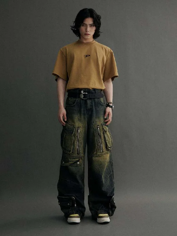 Multi Pocket Wide Leg Washed Denim Jeans【s0000006749】 Comfortable Drawstring Waist Jeans