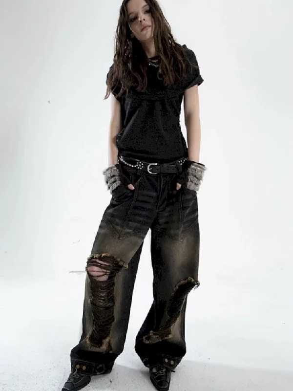 Large ripped wide-leg straight-leg silhouette jeans【s0000007650】 Trendy Bootcut High-Waisted Jeans
