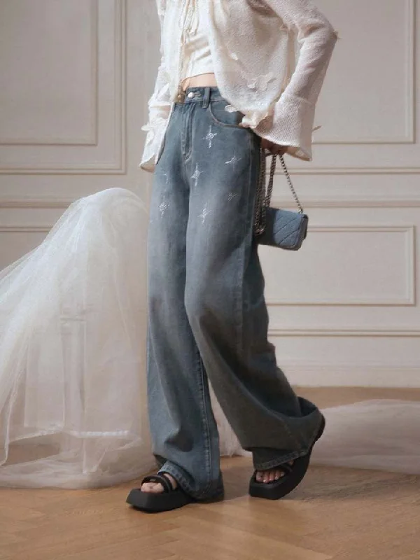 Star Rhinestone Jeans【s0000007877】 Fashionable Raw Hemmed Jeans