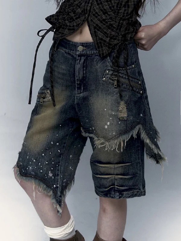 Punk street washed and worn wide-leg jeans【s0000008127】 Casual Distressed Skinny Jeans