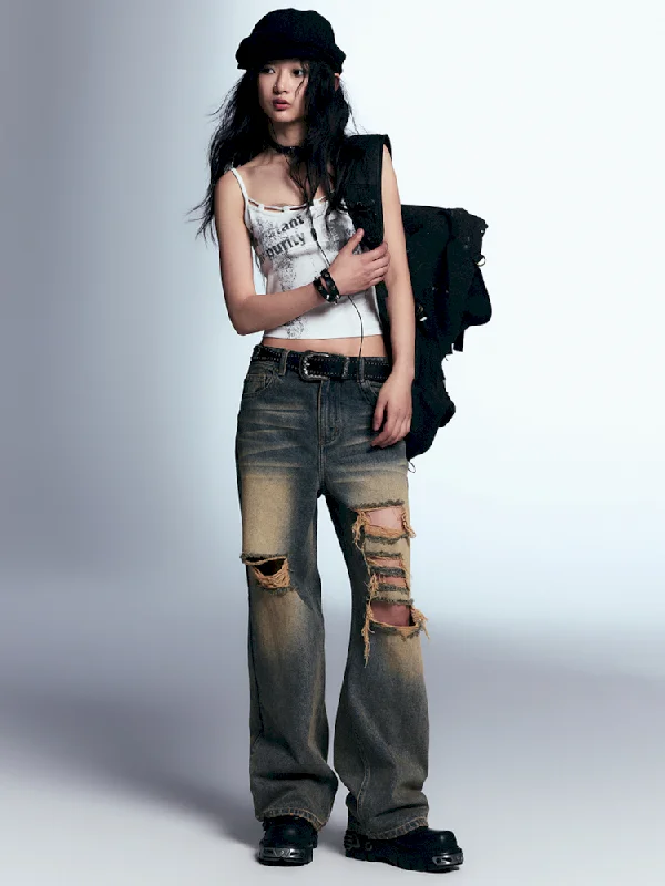 Raw edge loose straight jeans【s0000008207】 Casual Wide-Legged Denim Jeans