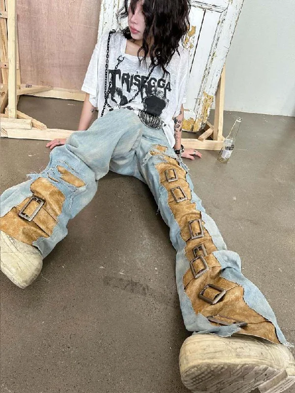 PU Leather Strap Damage & Washed Jeans【s0000008304】 Elegant Bootcut Fit Jeans