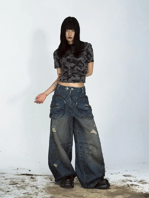 Shaped Structure Stain Brushed Colour Ripped Jeans【s0000008485】 Stylish High-Waisted Denim