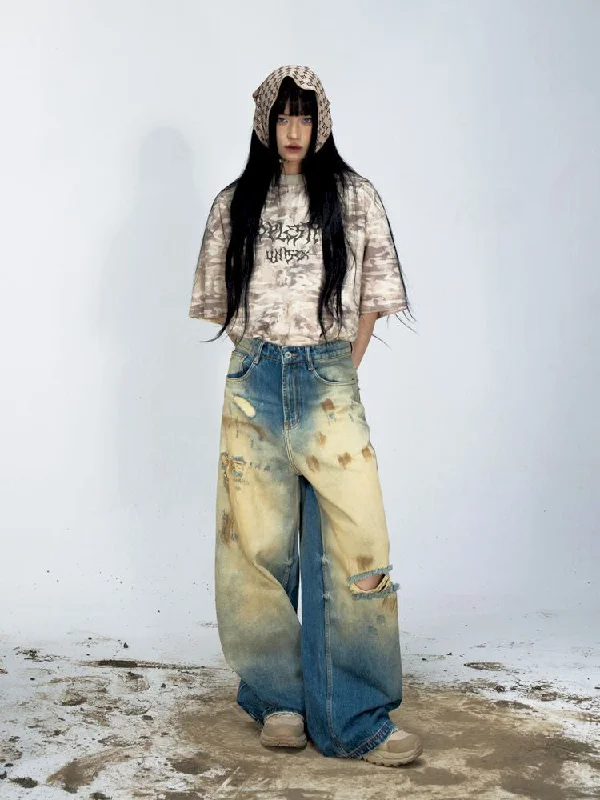 Yellow mud dyed ripped blue straight jeans【s0000008487】 Fashionable Straight Cut Jeans