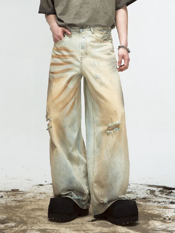 Yellow mud dyed washed and old worn holes straight jeans【s0000008491】 Elegant Raw Hem Jeans