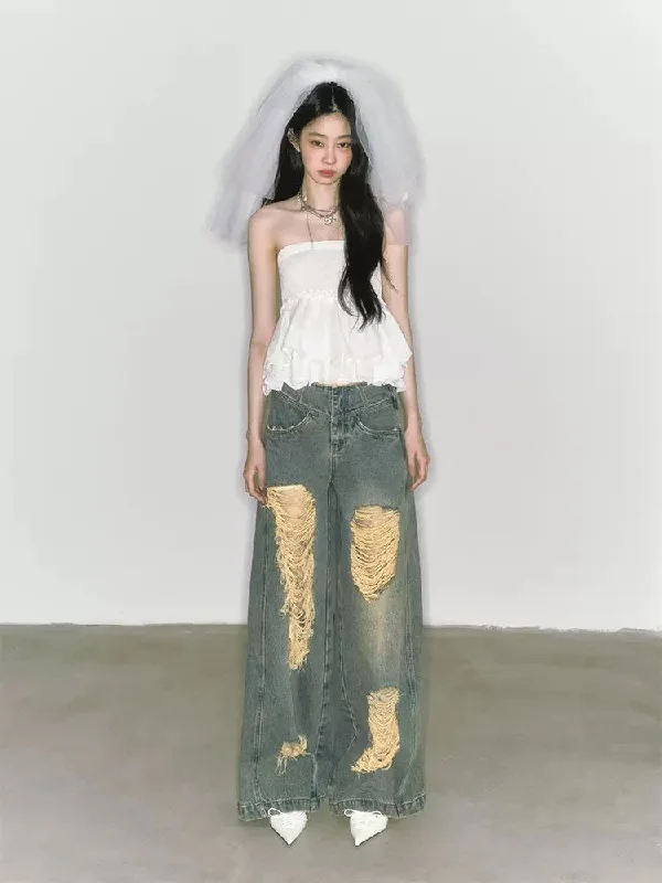 Wide leg high waist jeans【s0000009225】 Chic Double Waistband Jeans