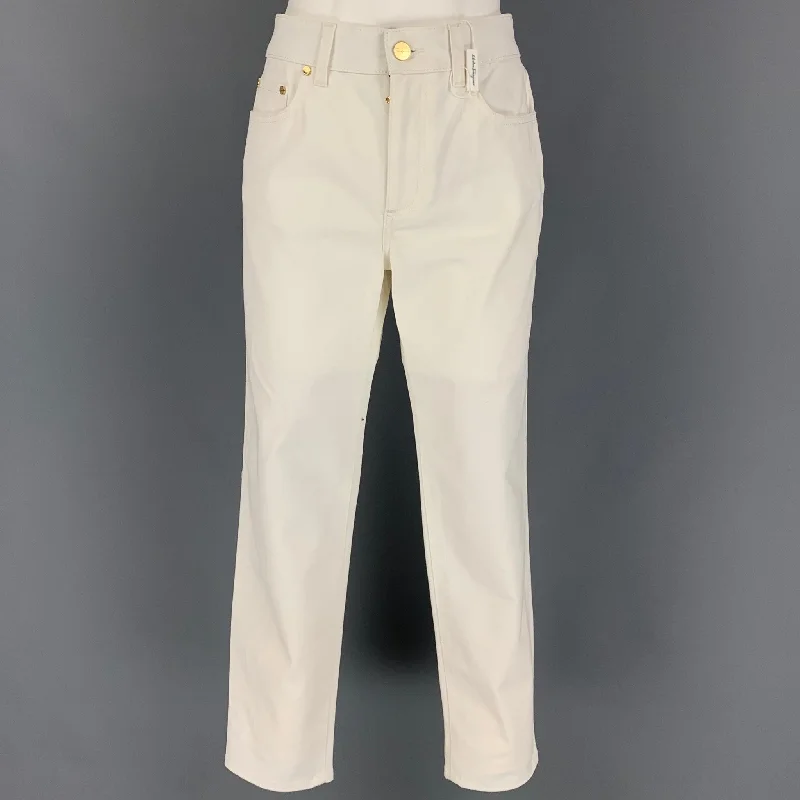 SALVATORE FERRAGAMO Size 6 White Cotton Zip Fly Jeans Stylish Plus Size Denim Jeans