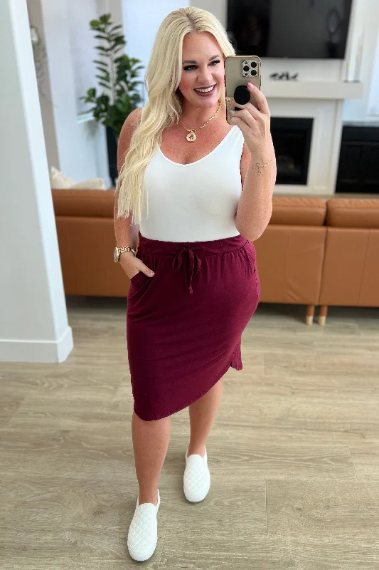 Self-Tie Tulip Hem Skirt in Dark Burgundy denim skirt classic
