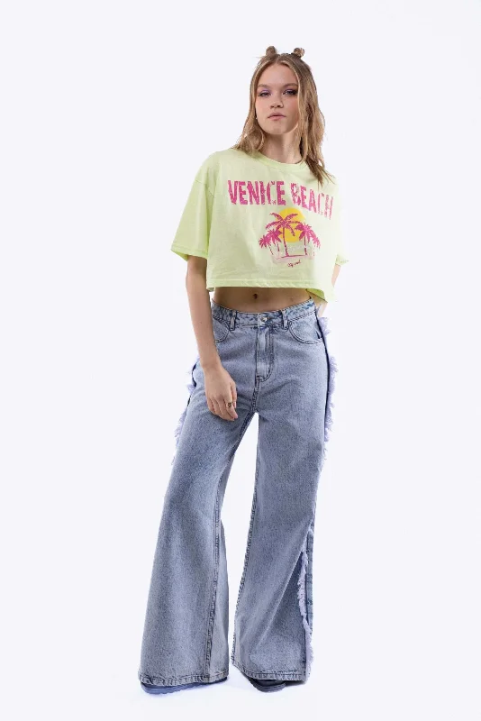 Silkroad Daughters Denim Fringe Wide Leg Jeans Fashionable Straight Cut Jeans