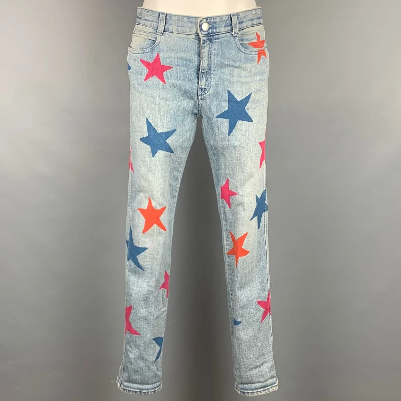 STELLA McCARTNEY Size 27 Blue & Red Star Print Denim Relaxed Fit Jeans Casual High-Waisted Bootcut Jeans