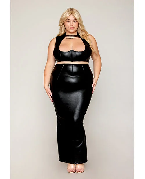 Stretch Faux Leather Harness Bra & Long Slip Skirt - Black 1X lace skirt intricate
