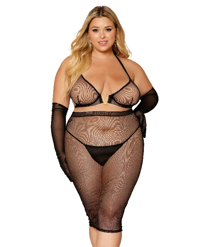 Dreamgirl Stretch fishnet bra and slip skirt set button skirt front
