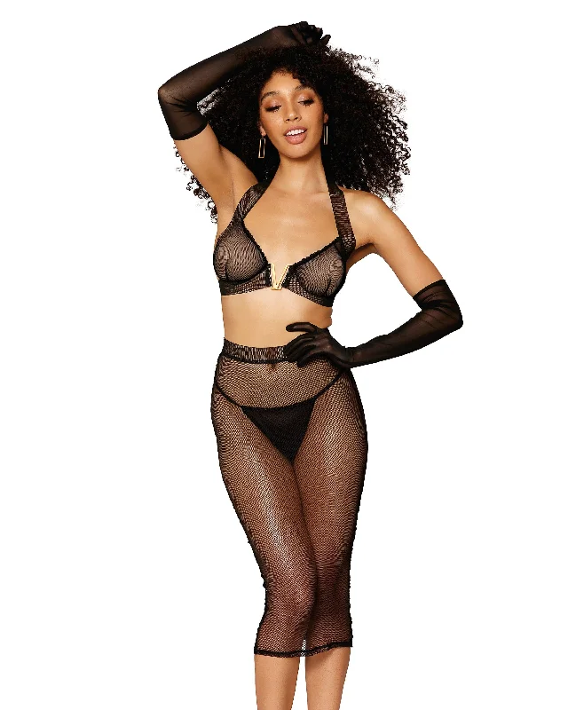 Dreamgirl Stretch fishnet bra and slip skirt set pleated skirt texture