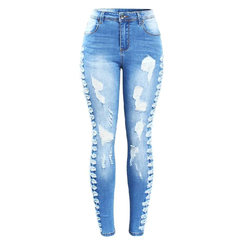 Stretchy Ripped Jeans Distressed Denim Skinny Pencil Trouser For Women Trendy Skinny High-Waist Jeans
