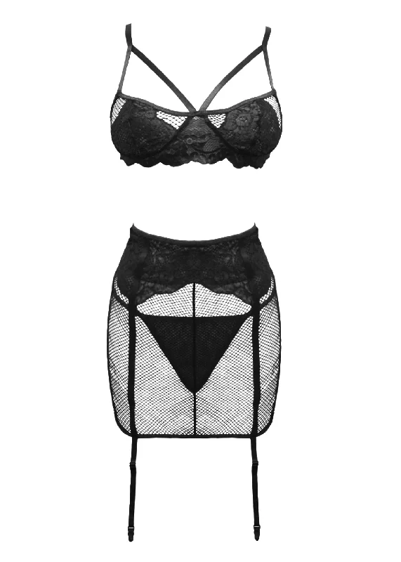 Katie (Black) Fishnet Bralette, Thong & Suspender Skirt velvet skirt luxurious