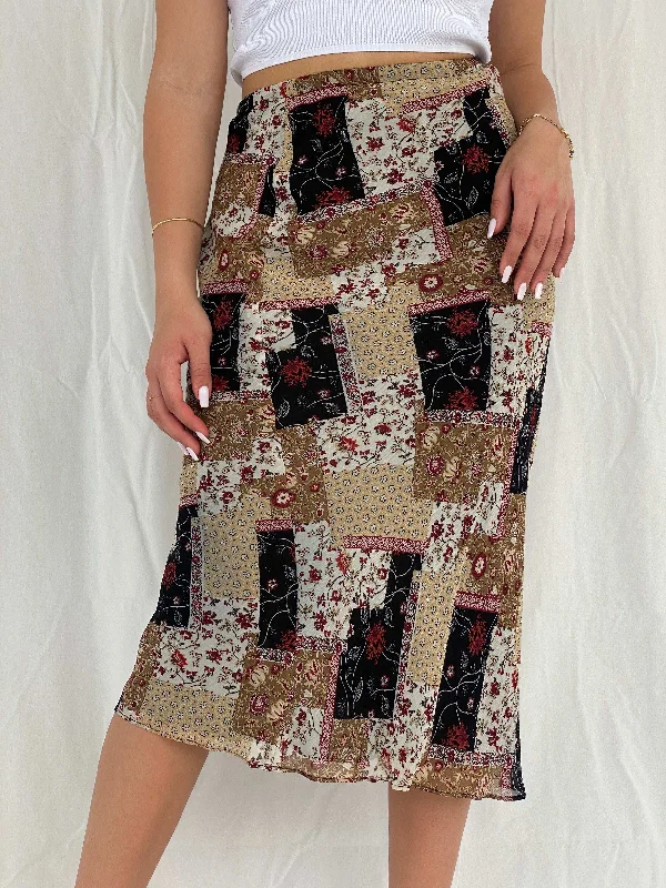 Vintage 90s Floral Patchwork Print Midi Skirt - Size S cotton skirt soft