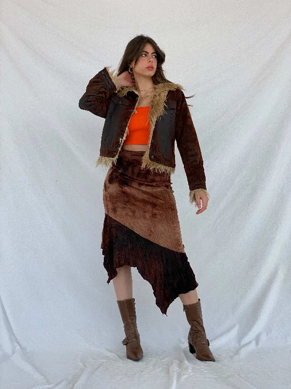 Vintage 90s Interphone Velvet Brown Midi Skirt lace skirt delicate