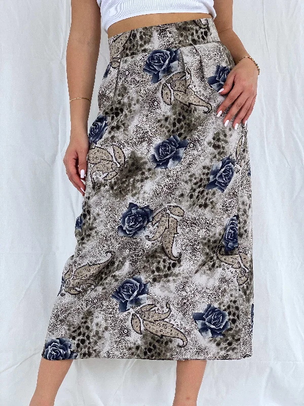 Vintage Handmade Gray Floral Midi Skirt a-line skirt cut