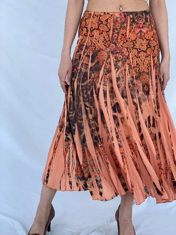 Gorgeous Vintage Orange Boho Print Midi Skirt midi skirt versatile