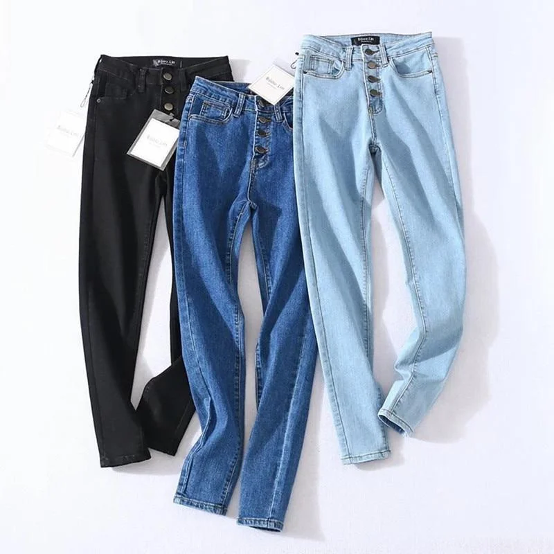 Vintage Skinny Four Buttons High Waist Pencil Jeans Slim Fit Denim Classic Slim Fit Jeans