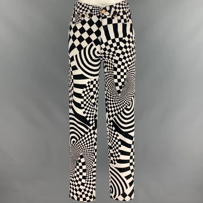 Vintage VERSACE JEANS COUTURE Size XS Black & White Cotton Print Jeans Chic Ripped Jeans