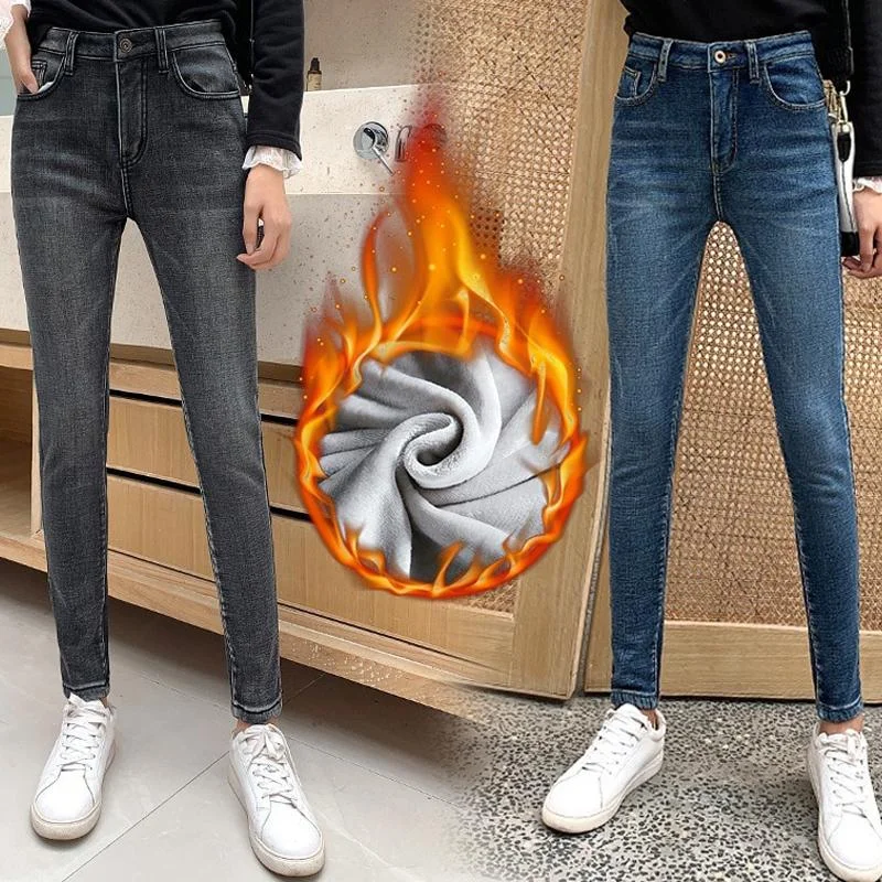 Winter Thick Velvet Women High Waist Skinny Jeans Simple Slim Fit Stylish Acid-Wash Jeans
