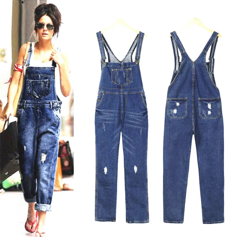 Women Pocket Decor Knee Ripped Suspender Jeans Stylish High-Waist Skinny Denim