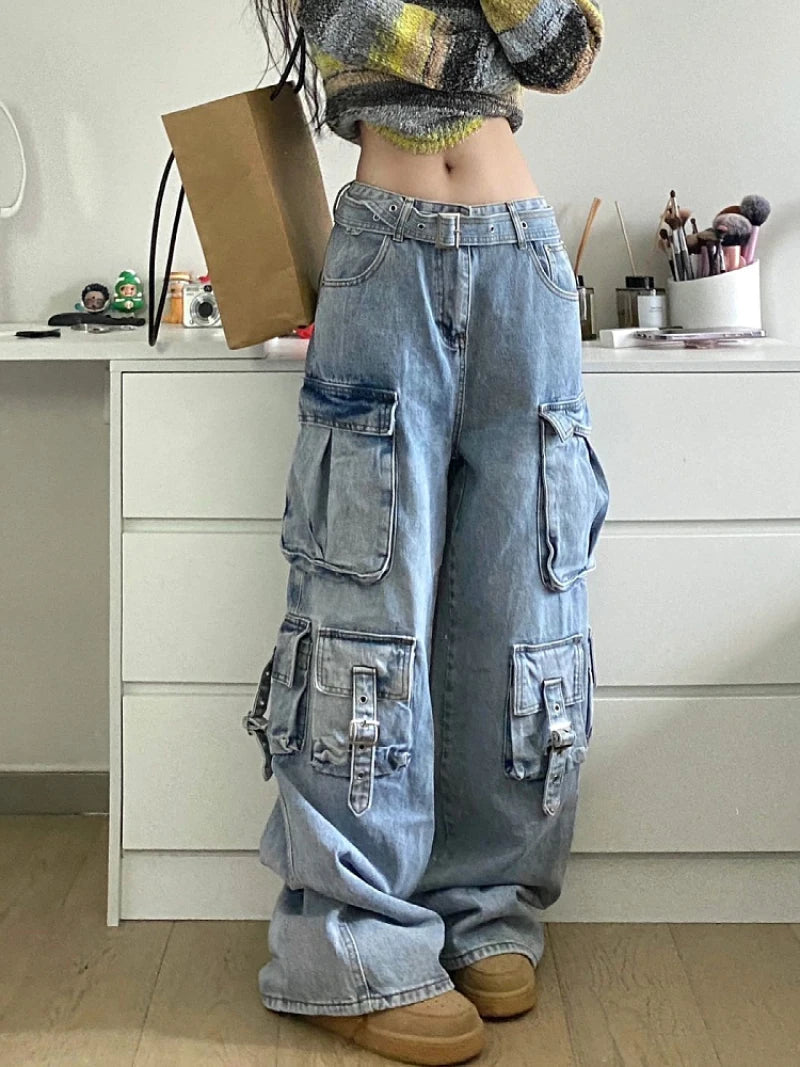 Women's Fashion Designer Street Style Baggy Cargo Jeans Trendy Bootcut High-Waisted Jeans