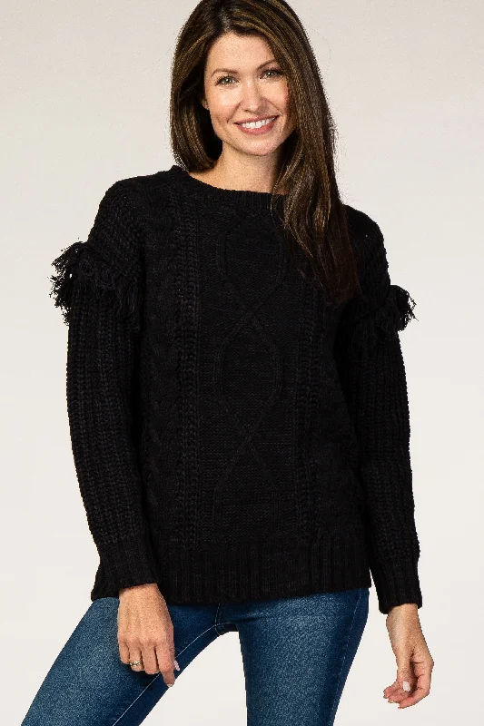 Black Cable Knit Fringe Sleeve Sweater Spandex Blend Rayon Blend Denim Blend