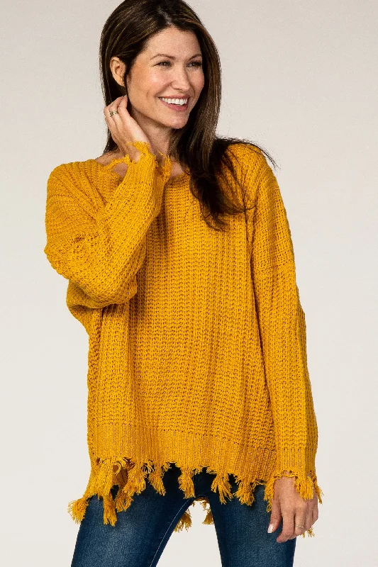 Yellow Distressed Fringe Sweater Cashmere Blend Cotton Blend Poly Blend