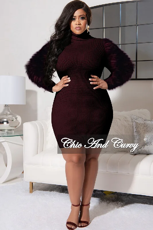 Final Sale Plus Size Turtle Neck Sweater Dress with Faux Fur Sleeves in Brown Stylish Fashionable Trendy