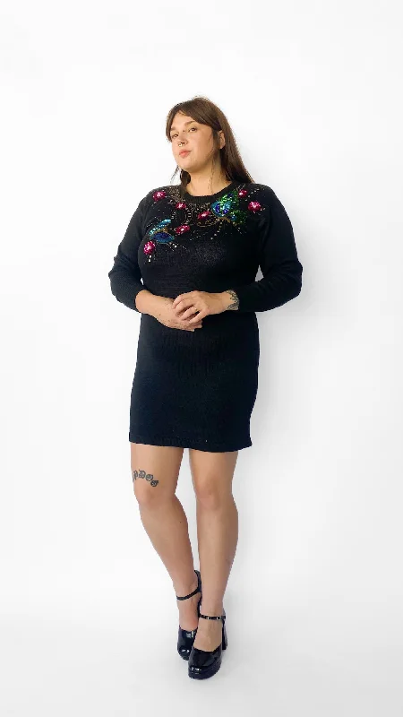 1980s Black Sequin Butterflies Sweater Dress, sz. L/XL Soft Cozy Warm