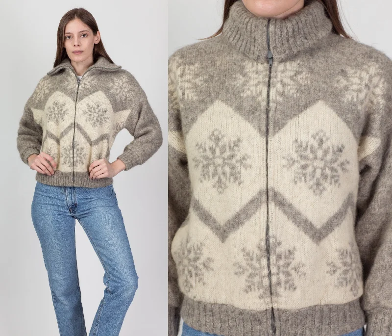 70s Hilda Icelandic Cropped Snowflake Sweater Coat - Women's Small Machine Wash Dry Clean Hand Wash