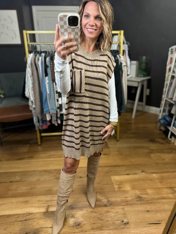 All Possibilities Striped Short Sleeve Sweater Dress - Taupe Slim Fit Regular Fit Oversized