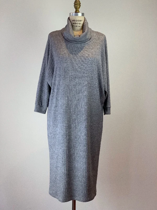 Ash Grey Sweater Knit Midi Dress Glossy Satin Silk