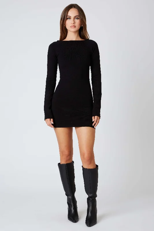 Black Open Back Sweater Dress Spandex Rayon Corduroy