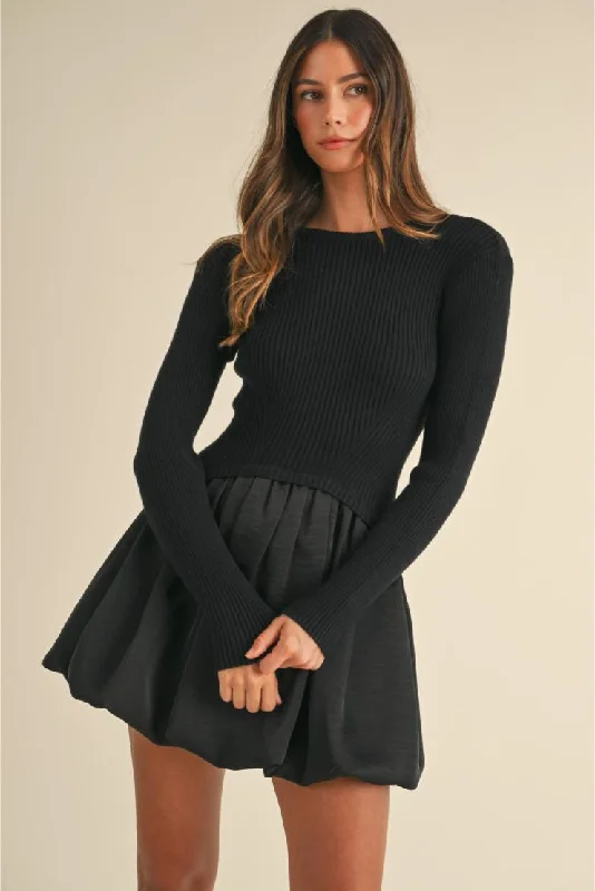 Avery Ribbed Sweater & Satin Bubble Hem Mini Dress Zippered Buttoned Snapped