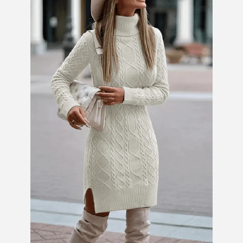 Boho Turtleneck Knit Sweater Dress Solid Print Embellished