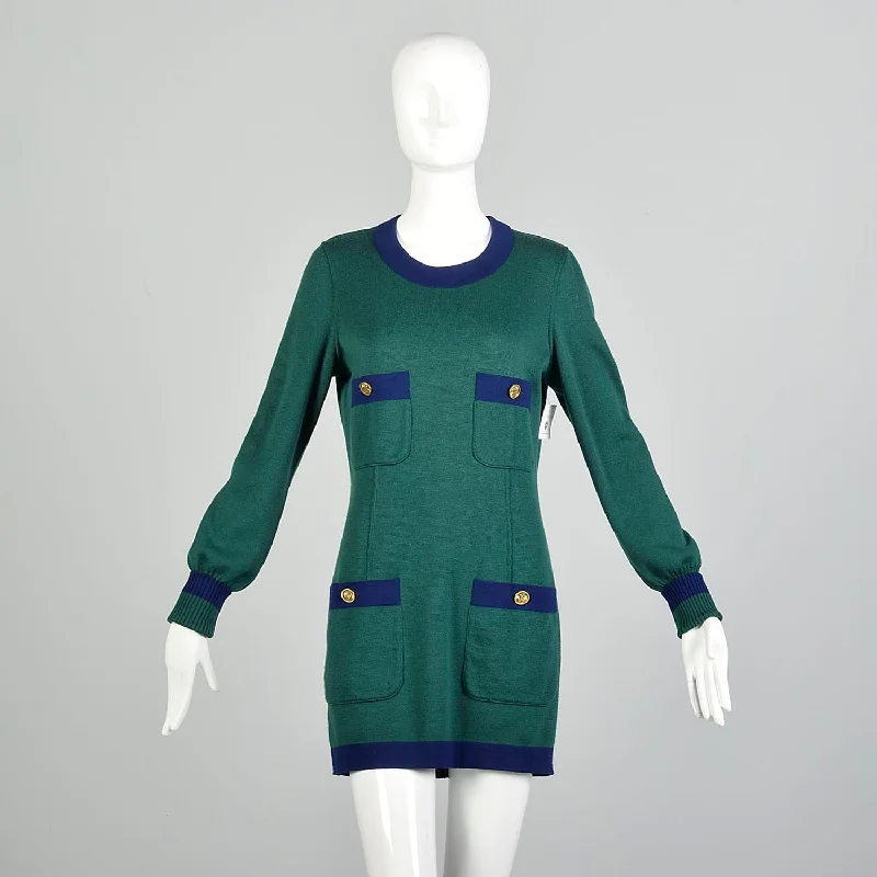 Chanel Boutique Autumn/Winter 1990/1991 Sweater Dress Green Navy Mini Long Sleeve with Tags Jersey Fabric Tulle Fabric Batik Fabric Chanel Boutique Autumn/Winter 1990/1991 Sweater Dress Green Navy Mini Long Sleeve with Tags Jersey Fabric Tulle Fabric Batik Fabric